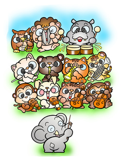 動物 0078 動物たちのオーケストラ オーケストラ,音楽会,象,サル,ウサギ,リス,狸,ねこ,熊,イノシシのイラスト素材