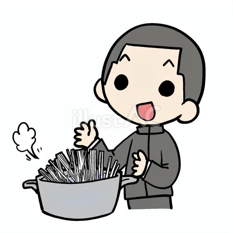 麺を鍋でゆでる学生少年 学生,麺,ゆでるのイラスト素材