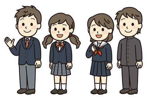 笑顔の学生男女 制服,学生,高校生,セーラー服,学ラン,リボン,男子高生,ブレザー,若い,4人のイラスト素材