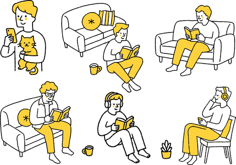 毎日の暮らしを楽しむ男性のセット 毎日,暮らし,男性,一人暮らし,セット,ソファー,本,読む,読書,音楽のイラスト素材