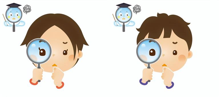 調べる子ども4 虫眼鏡,拡大,調べる,子ども,人物,男の子,女の子,小学校,幼稚園,保育園のイラスト素材