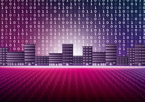 紫色のサイバーシティのイメージ素材 デジタル,サイバー,ビジネス,都市,ビル,オフィス,数字,マトリックス,スタイリッシュ,紫色のイラスト素材