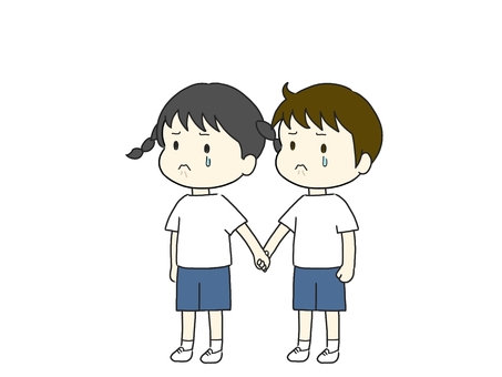 涙をこらえながら手を繋ぐ子ども 悔しい,泣く,涙,つなぐ,体操服,負け,運動会,体育,小学生,学校のイラスト素材