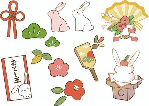 ゆるい年賀セット ゆるい年賀セット 年賀状,兎,お正月のイラスト素材