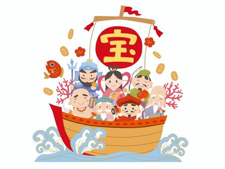 かわいい七福神の宝船 カラフル  かわいい七福神の宝船 カラフル  宝船,鯛,七福神,縁起物,神,福の神,恵比寿,弁財天,大黒,人物のイラスト素材