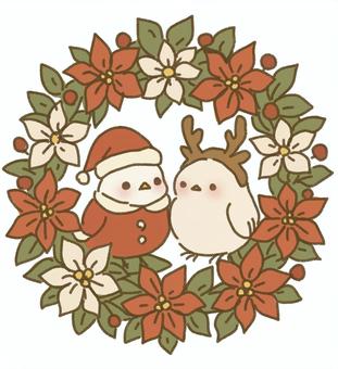シマエナガクリスマスリース シマエナガ,ペア,鳥,動物,冬,クリスマス,サンタクロース,トナカイ,コスチューム,コスプレのイラスト素材