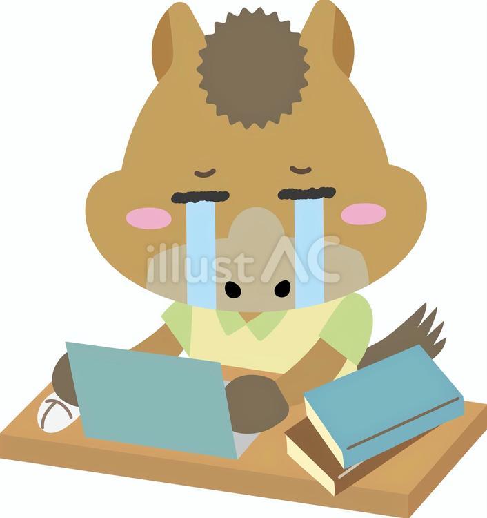 涙を流しながら勉強・仕事を頑張る馬キャラ 午年,馬,泣くのイラスト素材
