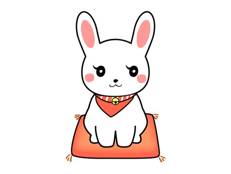 赤い座布団に座って挨拶をする可愛いうさぎ