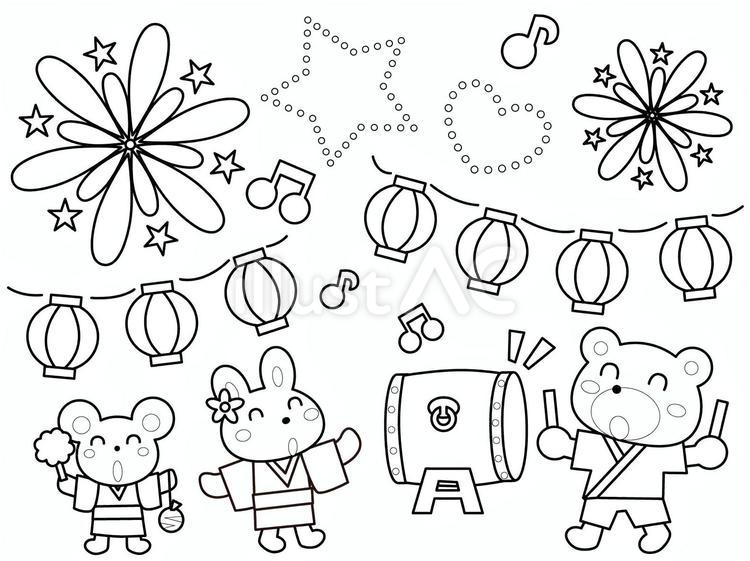 塗り絵・動物たちの夏祭り 塗り絵,かわいい,動物のイラスト素材