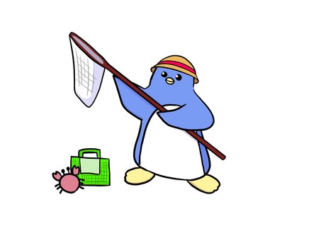 虫取りのペンギン 動物,ペンギン,虫取り,夏,シンプル,手描き,ゆるい,かわいい,ほんわか,ほっこりのイラスト素材