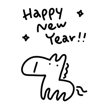 かわいい馬とHappy new year かわいい馬とHappy new year 馬,手描き,シンプル,かわいい,挿絵,線画,ウマ,うま,モノクロ,白黒のイラスト素材