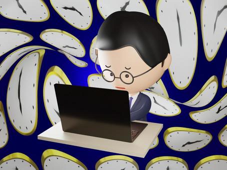 パソコン作業で時間に追われる男性 男性,スーツ,パソコン,単体,中年男性,悩む,不安,時計,針,時間のイラスト素材