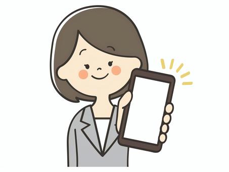 スマホ画面を見せるスーツの女性 女性,スーツ,スマホ,画面,見せる,登録,誘導,紹介,案内,説明のイラスト素材