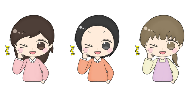 サムズアップする女性のイラスト 女性,主婦,学生,サムズアップ,エプロン,ハーフアップ,ショートカット,ポニーテールのイラスト素材
