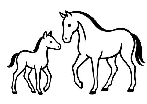 馬のシンプルな線画イラスト 馬,家族,親子,年賀状,賀年,干支,午年,2026,年賀,シンプルのイラスト素材