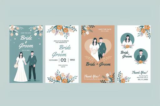 Wedding card with illustration of bride and groom and flowers based on green and orange, , JPG, PNG and AI