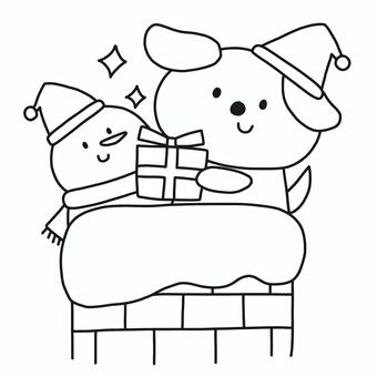 煙突からサンタ犬と雪だるま クリスマス,煙突,犬,動物,雪だるま,冬,プレゼント,サンタ,帽子,モノトーンのイラスト素材