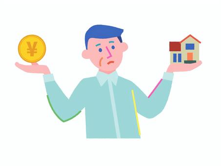 家かお金かで迷う中高年男性 不動産,空き家,家賃,住宅ローン,家,マイホーム,中年男性,男性,考える,迷うのイラスト素材