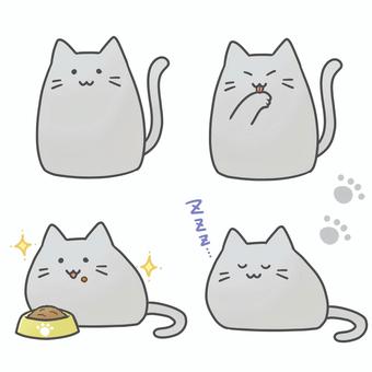 ねこ02(灰猫) ねこ02(灰猫) 猫,ねこ,灰色,灰猫,ゆるい,可愛い,デフォルメ,毛づくろい,毛繕い,食事のイラスト素材
