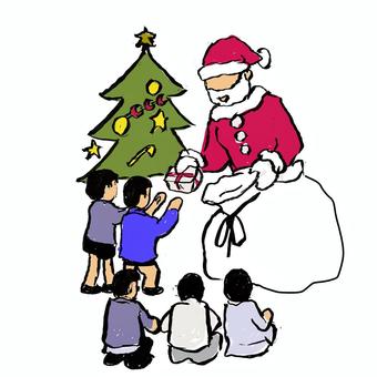 クリスマス会 保育園,園児,保育士,子供,洋服,ツリー,プレゼント,贈り物,クリスマスのイラスト素材