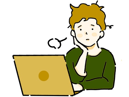 憂鬱な表情でパソコンを見つめる男性ー緑③ 疲れ,疲労,困る,ため息,溜息,不安,寝不足,眠い,パソコン,うつのイラスト素材