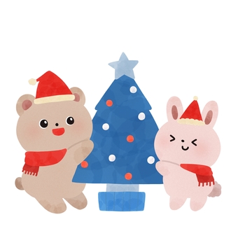 クリスマスツリーとくまうさ クリスマス,ツリー,くま,うさぎ,動物,サンタ,帽子,マフラー,冬,絵本のイラスト素材