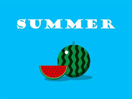 ブルーの背景にsummerのロゴとスイカ 夏,スイカ,summer,ロゴ,フルーツ,爽やか,ブルー,食べ物のイラスト素材