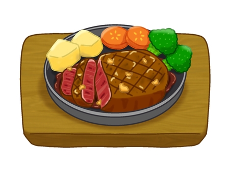 鉄板に乗ったステーキ ステーキ,ビーフステーキ,ビフテキ,牛肉,肉料理,鉄板,ごちそう,ディナー,カット,ブロッコリーのイラスト素材