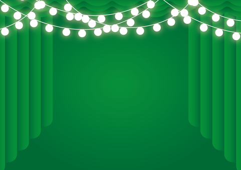 緑色のカーテンとおしゃれなライトの背景 カーテン,幕,ステージ,電球,紐,緑色,背景のイラスト素材