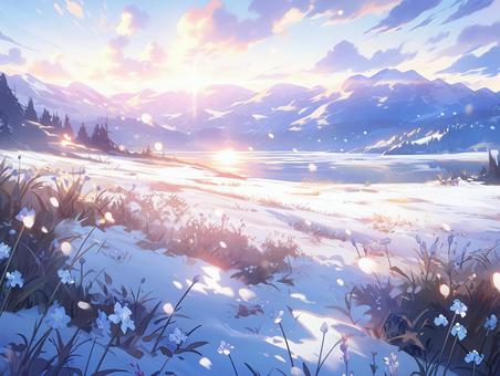 黄昏時の雪舞う雪原で健気に咲く花々_背景