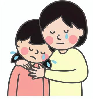 泣きながら寄り添う女の子と女性 女の子,女性,俯く,泣く,悲しい,辛い,落ち込む,嘆く,涙,流すのイラスト素材