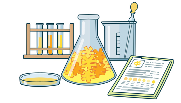 お金の研究・実験道具 セット,実験,実験器具,実験道具,￥,円マーク,お金,フラスコ,試験管,ピペットのイラスト素材