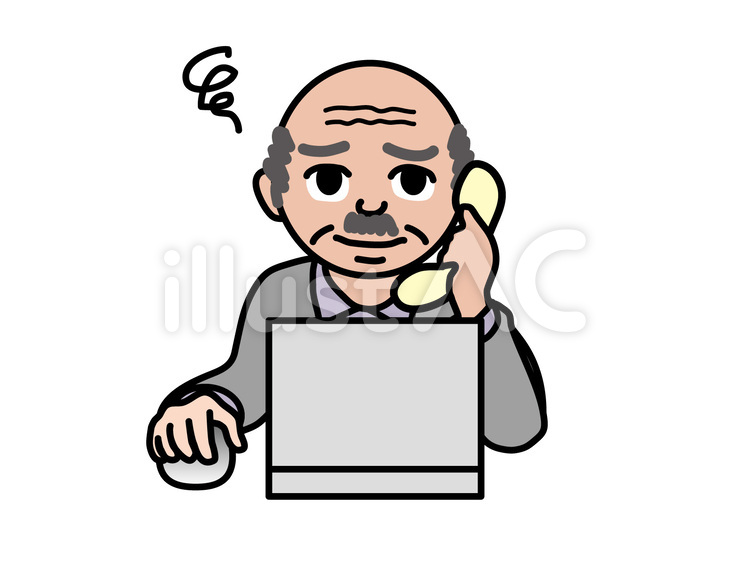 PC操作（599）困った電話正面シニア男 パソコン,困った顔,困ったのイラスト素材