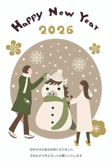 ２０２６年午年の年賀状（挨拶文あり） 年賀状,馬,2026年,午年,雪だるま,happy,new,year,寒中見舞い,お正月のイラスト素材