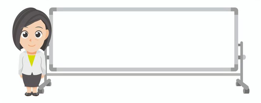 ホワイトボード傍に立つ年配ビジネス女性① 先生,教師,教員,指導員,スーツ,仕事着,ビジネス,会社,社会人,ホワイトボードのイラスト素材