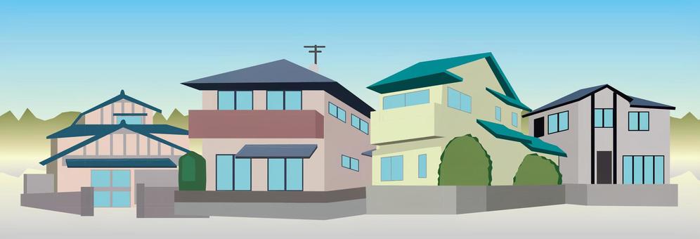 住宅地　 住宅地,一軒家,戸建,窓,屋根,並ぶ,町中,風景,リアルのイラスト素材