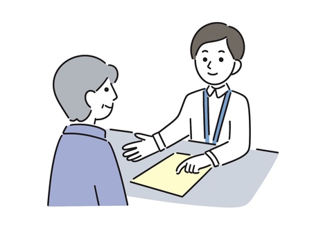 窓口で市民に説明する男性職員 市役所職員,公務員,案内,手続き,行政,職員,市役所,自治体,県庁,区役所のイラスト素材