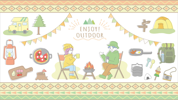 かわいいアウトドア キャンプ,たき火,キャンピングカー,まな板,バーベキュー,背景,ピザ,アウトドア,リュック,カメラのイラスト素材