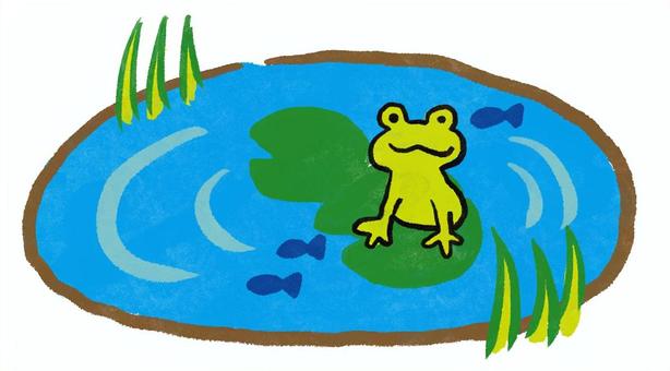 蓮の葉が浮かんだ魚のいる小池にいるカエル カエル,かえる,池,ため池,溜池,溜め池,小魚,メダカ,めだか,小池のイラスト素材