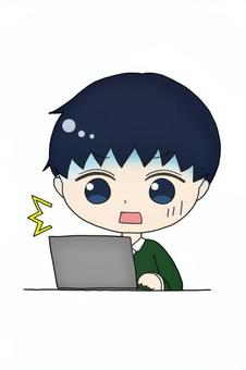 パソコンを使っている男性のイラスト 男性,学生,ネットサーフィン,テレワーク,インターネット,リモートワーク,びっくり,ショックのイラスト素材