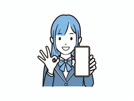 スマホ見せてOKサインをするブレザー女子 スマホ,スマートフォン,携帯電話,学生,高校生,中学生,女子高生,ブレザー,リボン,学生服のイラスト素材