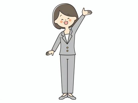 案内するスーツ女性 紹介,案内,説明,教える,紹介する,解説,アドバイス,重要,元気,手を振るのイラスト素材