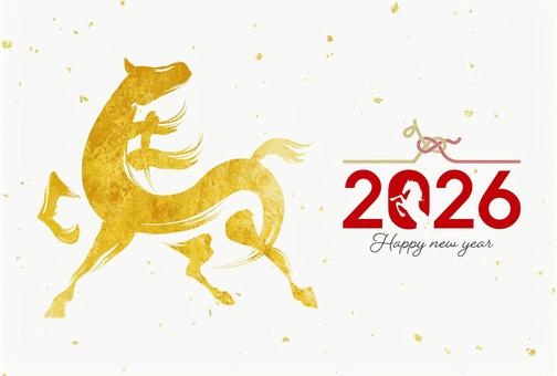 ダイナミックな馬の筆文字の年賀状（金） 午年,年賀状,馬,午,水引,お正月,2026年,金馬,干支,年賀はがきのイラスト素材