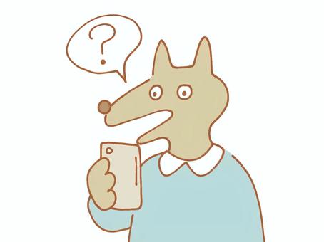 スマホを見て疑問に思う犬さん スマホ,携帯,疑問,不明,クエスチョン,ハテナ,不思議,犬,キャラクター,シンプルのイラスト素材