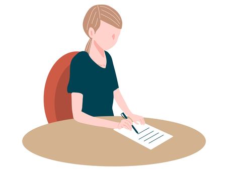 書類作成する女性 女性,書く,書類,作成,事務,作業,ビジネス,机,椅子,デスクワークのイラスト素材