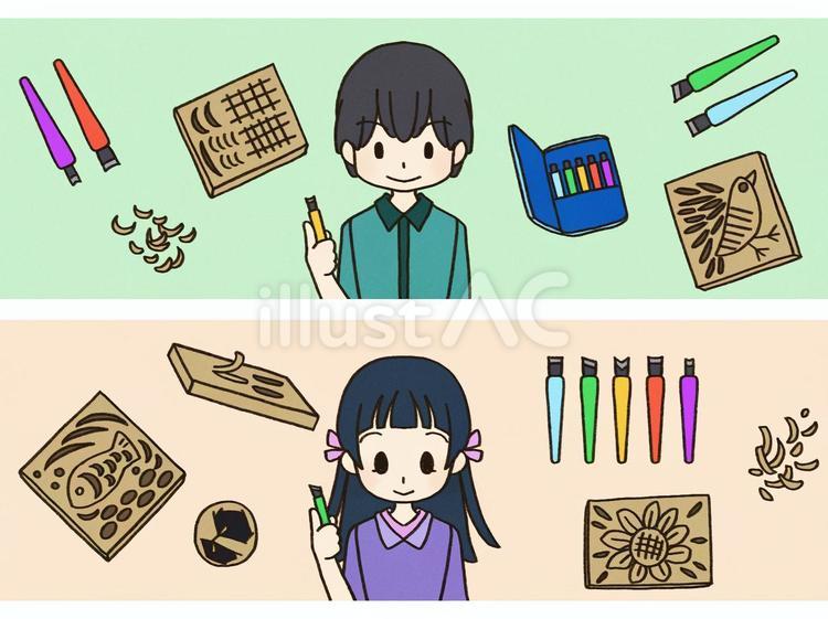 彫刻を楽しむ子供達 子供,男の子,女の子のイラスト素材