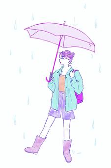 雨の中傘をさす女性　長靴　全身 女性,雨,傘,レインブーツ,梅雨,シャツ,レイングッズ,雨傘,横顔,しずくのイラスト素材