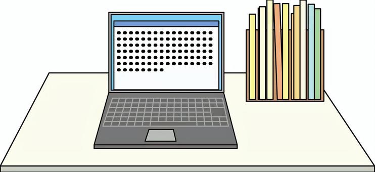 ノートパソコン机 ノートパソコン,キーボード,モニター,本,資料,机,職場,仕事,環境,線画のイラスト素材