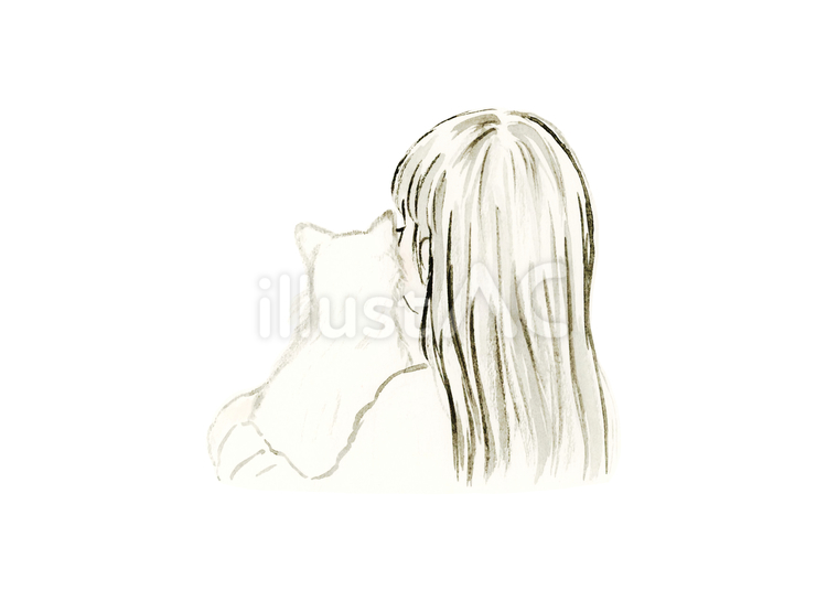 寄り添う猫と女の子の後ろ姿　シンプル 寄り添う,猫,女の子のイラスト素材