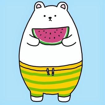 夏の海のシロクマ　スイカ 夏,白熊,海,プール,浜辺,夏休み,スイカ,7月,8月,海パンのイラスト素材